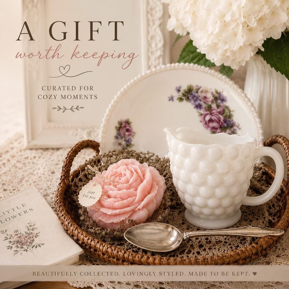 Vintage Milk Glass Creamer Gift Basket – Floral Plate, Pink Rose Candle, Cottage